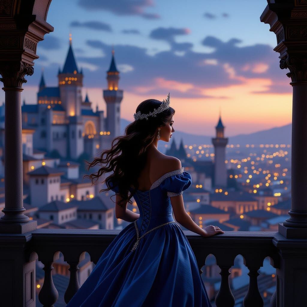 Regal Princess on Balcony Overlooking Medieval City at Dusk