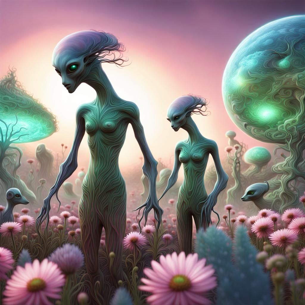 Ethereal Alien Village with Fractal Architecture and Pets