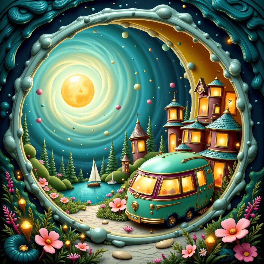 Village in Crescent Moon: Maximalist Digital Art