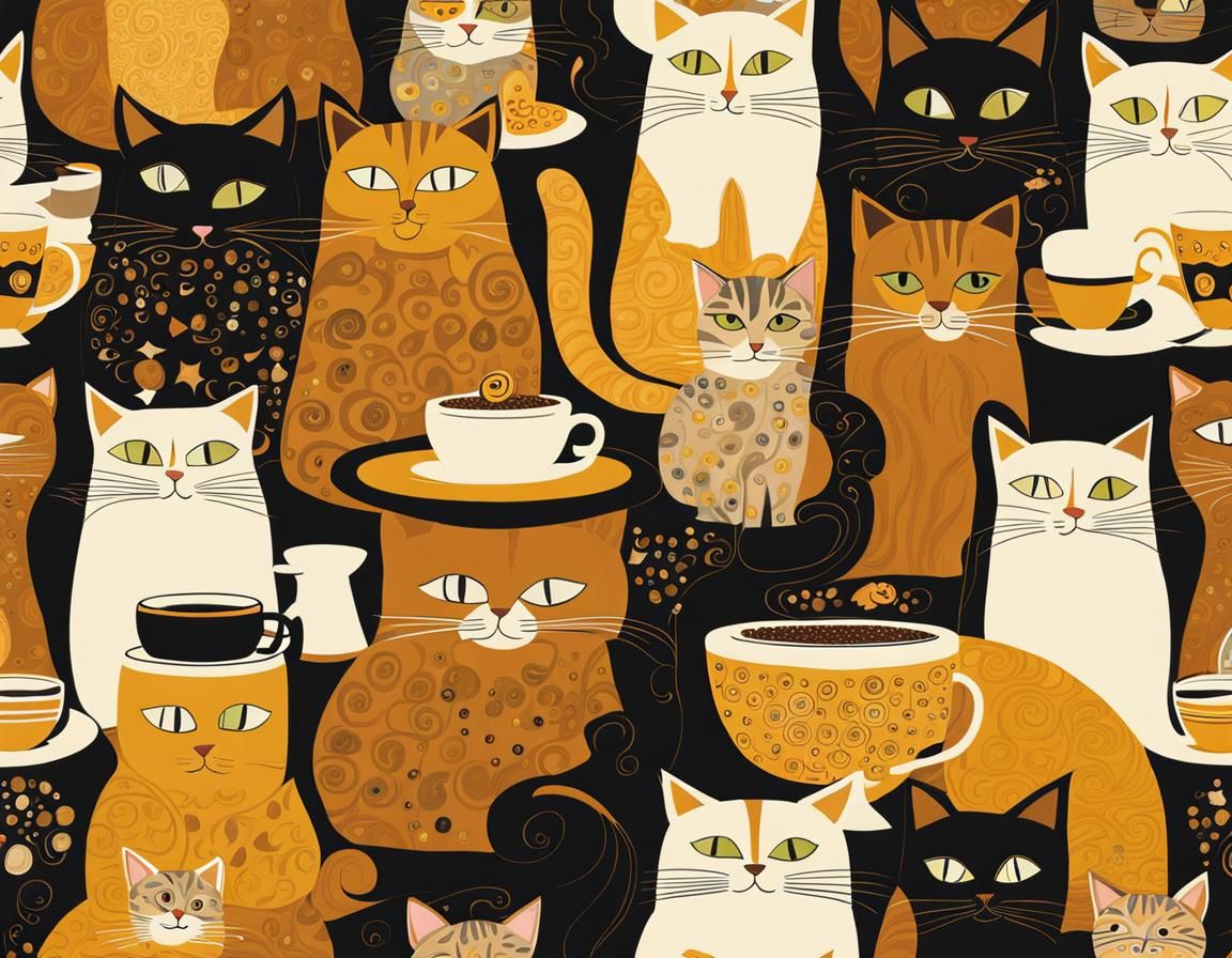 Cats Drinking Coffee in Art Nouveau Style