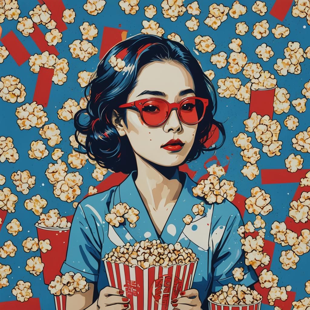 Japanese Woman Watching Movie in Pop Art Style