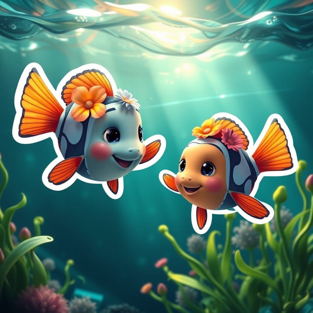 Kawaii Nemo Fish Stickers with Flowers, Ghibli Style