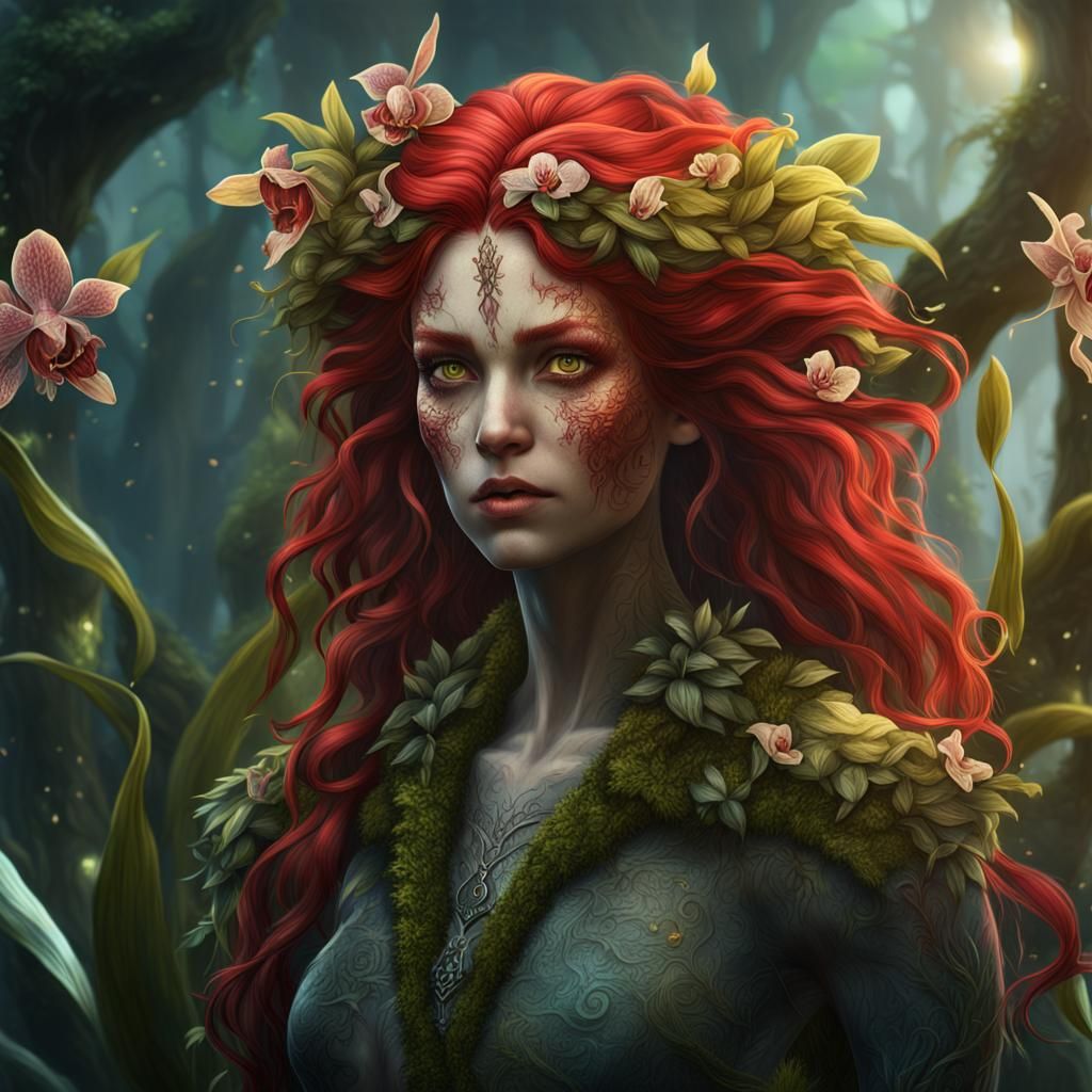 Red-Haired Orchid Dryad in Detailed Matte Painting