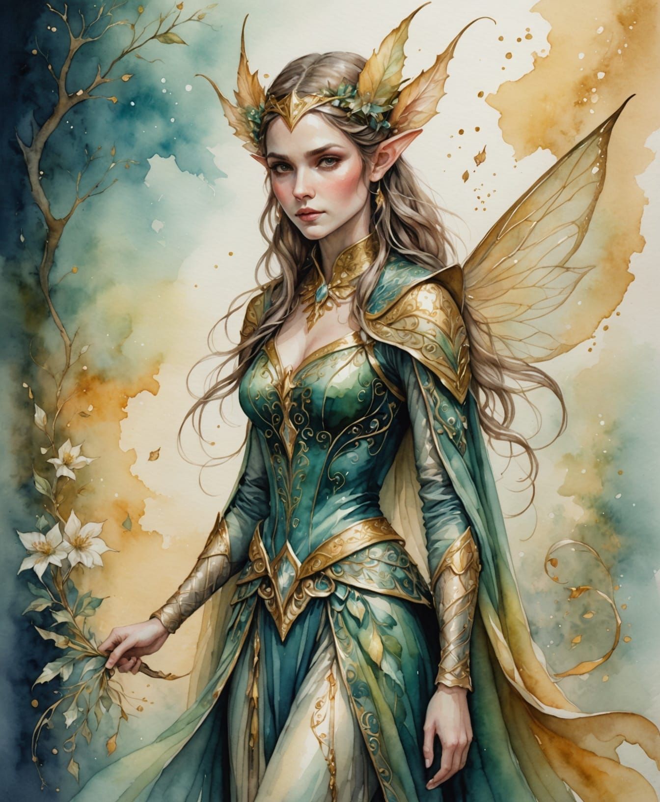 Ethereal Elf in Dreamlike Watercolor Scene
