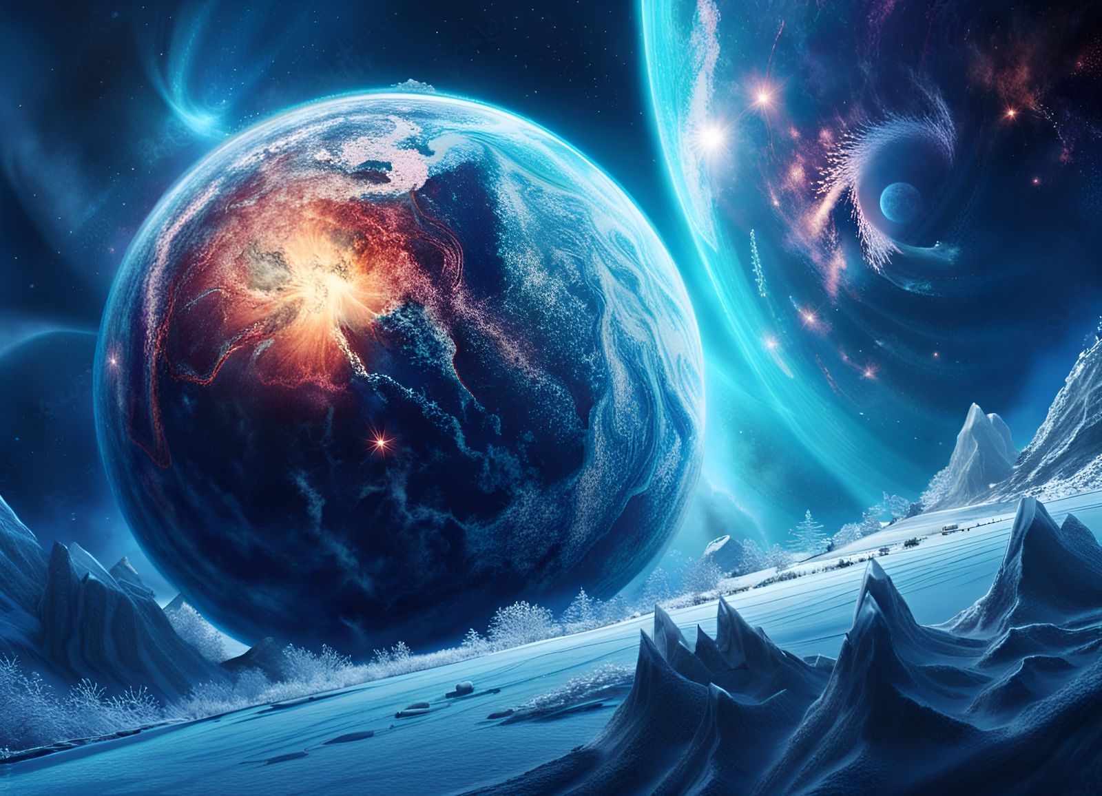 Detailed Ice Planet with Blue Nebulae