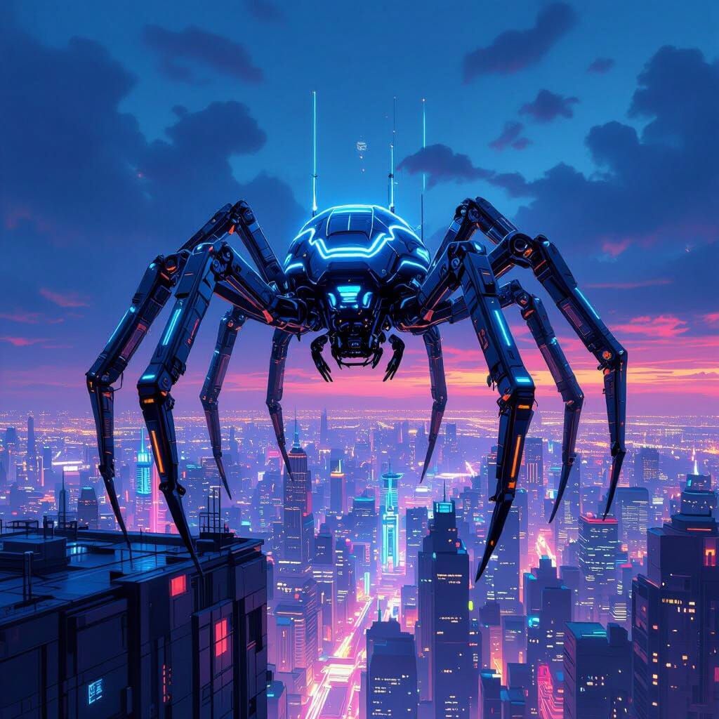 Giant Cyberpunk Spider Robot Guards Neon Tron City