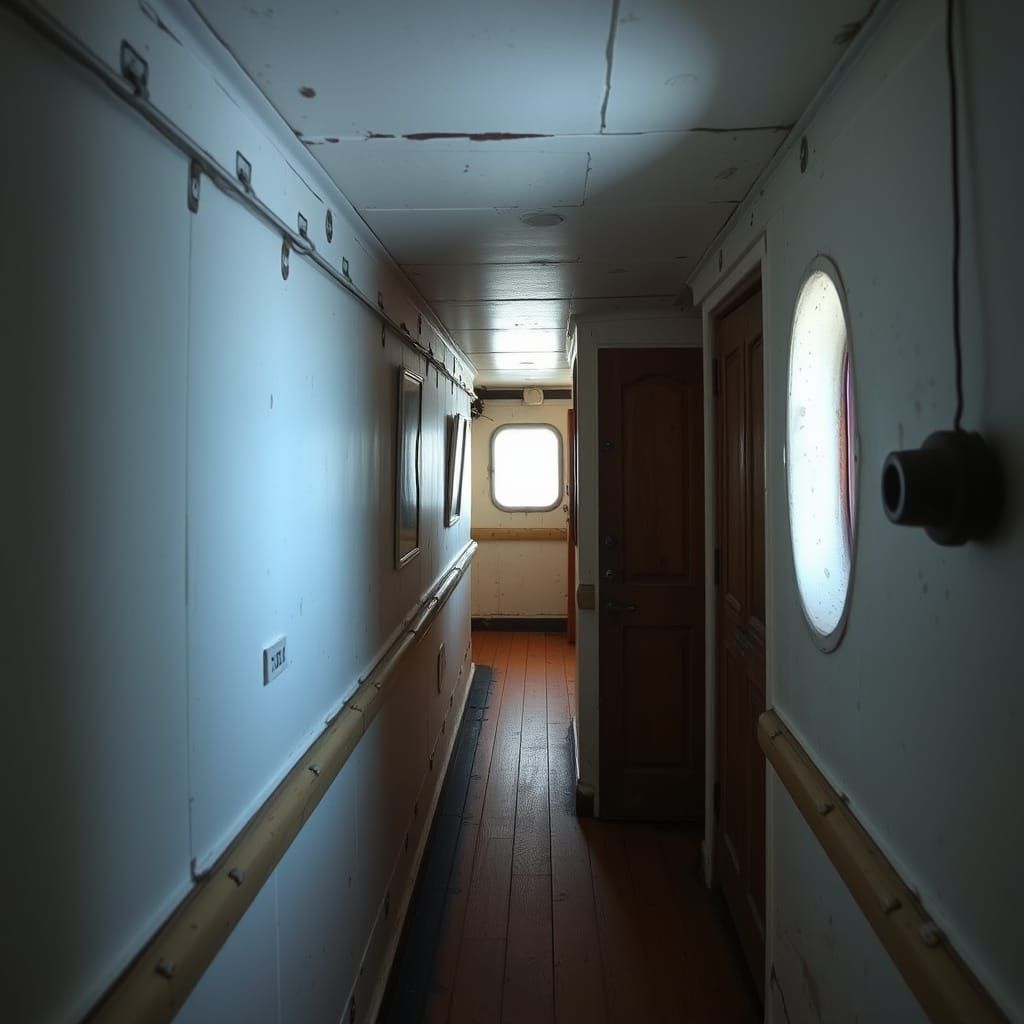 Surreal Ship Interior: New Versus Decayed Hallway