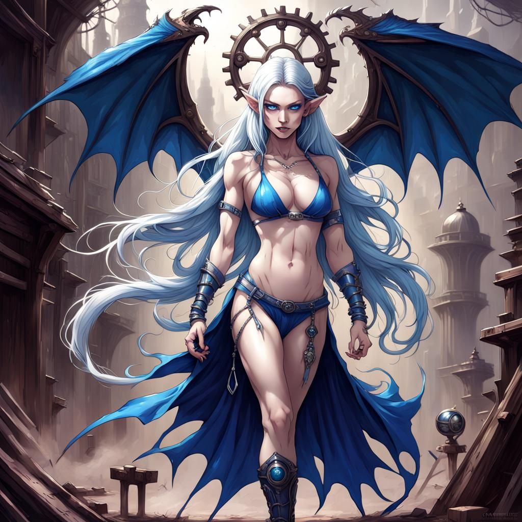 Steampunk Albino Drow Elf Sorceress with Dragon Wings