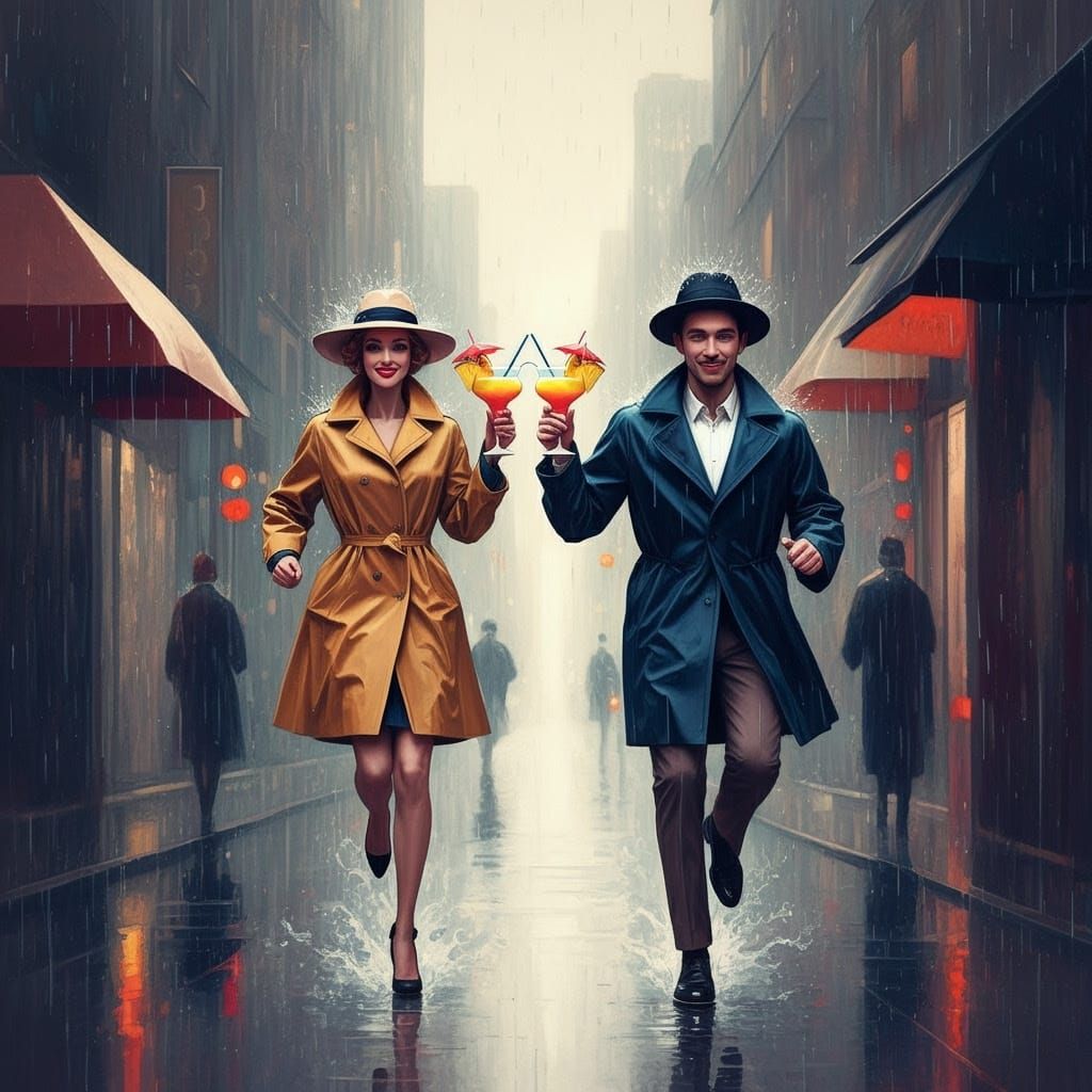 Rainy City Joy: Piña Coladas in a Whimsical Style