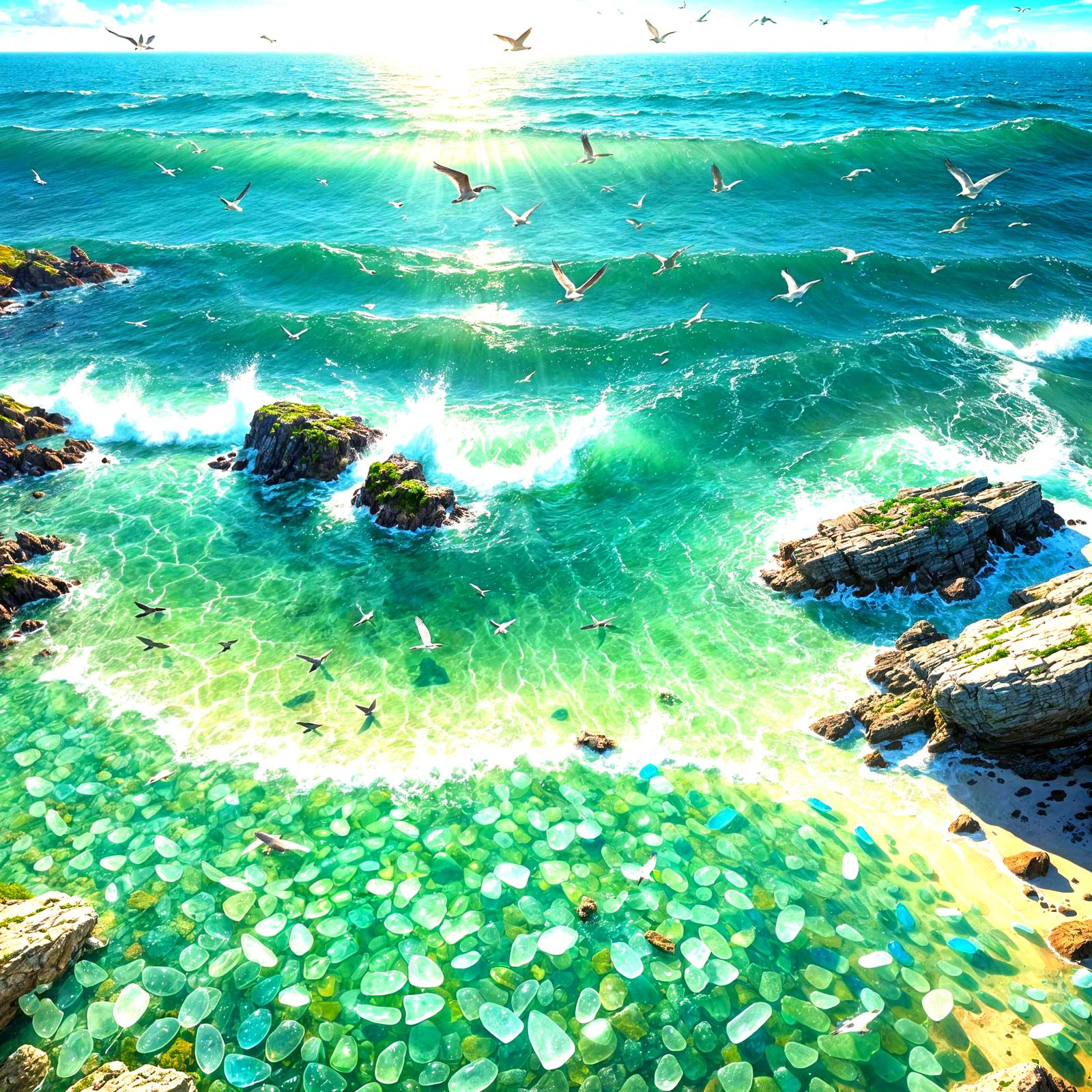 Sea Glass Island: Hyperrealistic Splash Art