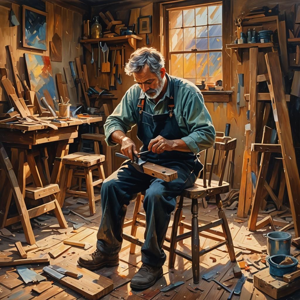 Expressionist Carpenter Creating Chair in Workshop