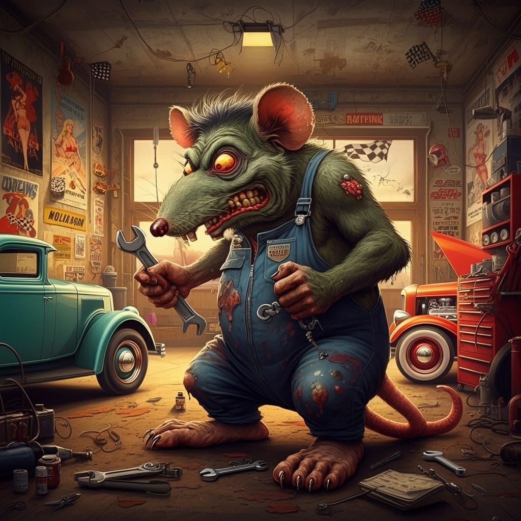Grotesque Mechanic Ratfink in a 1960s Garage