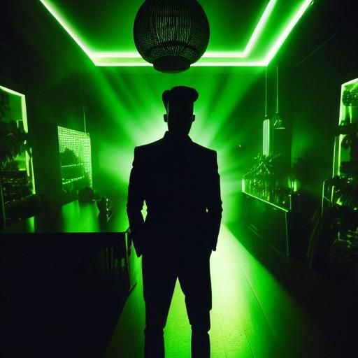 Green Lit Silhouette in Dark Room