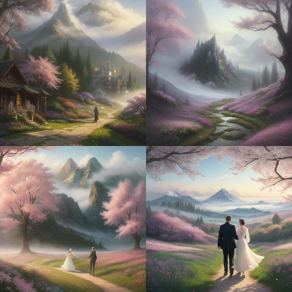 Couple's Journey: Blossoming Path to Misty Mountains