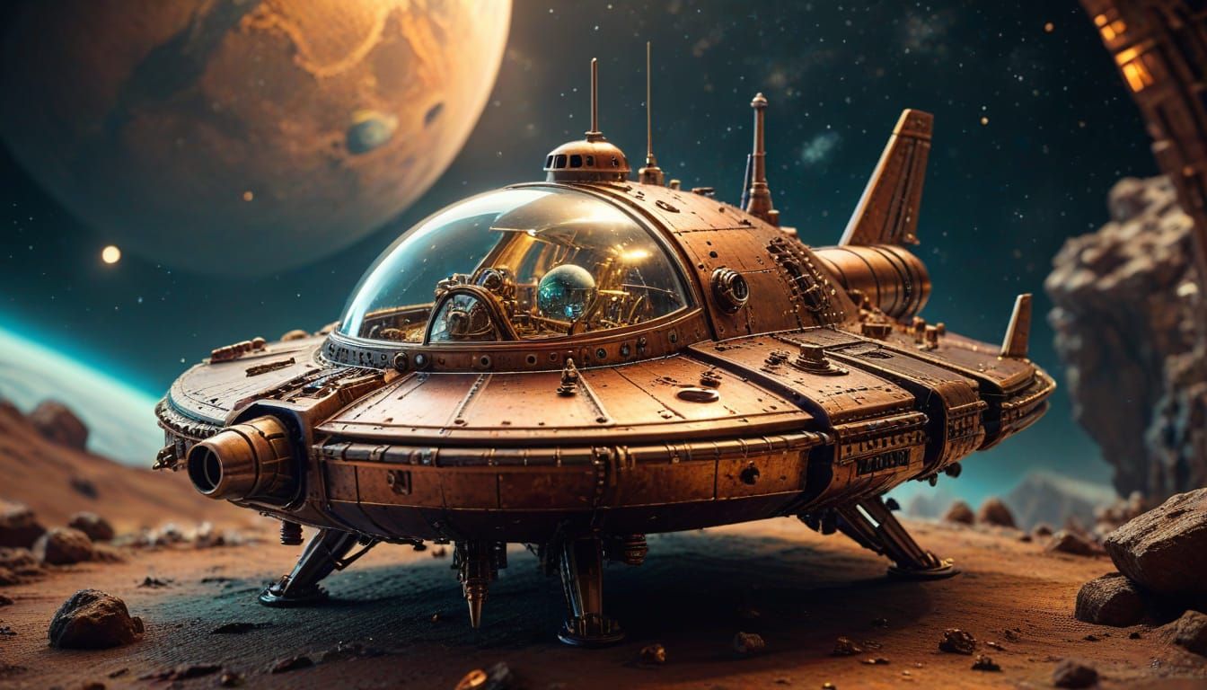 Steampunk Spaceship on the Moon in Sci-Fi Art