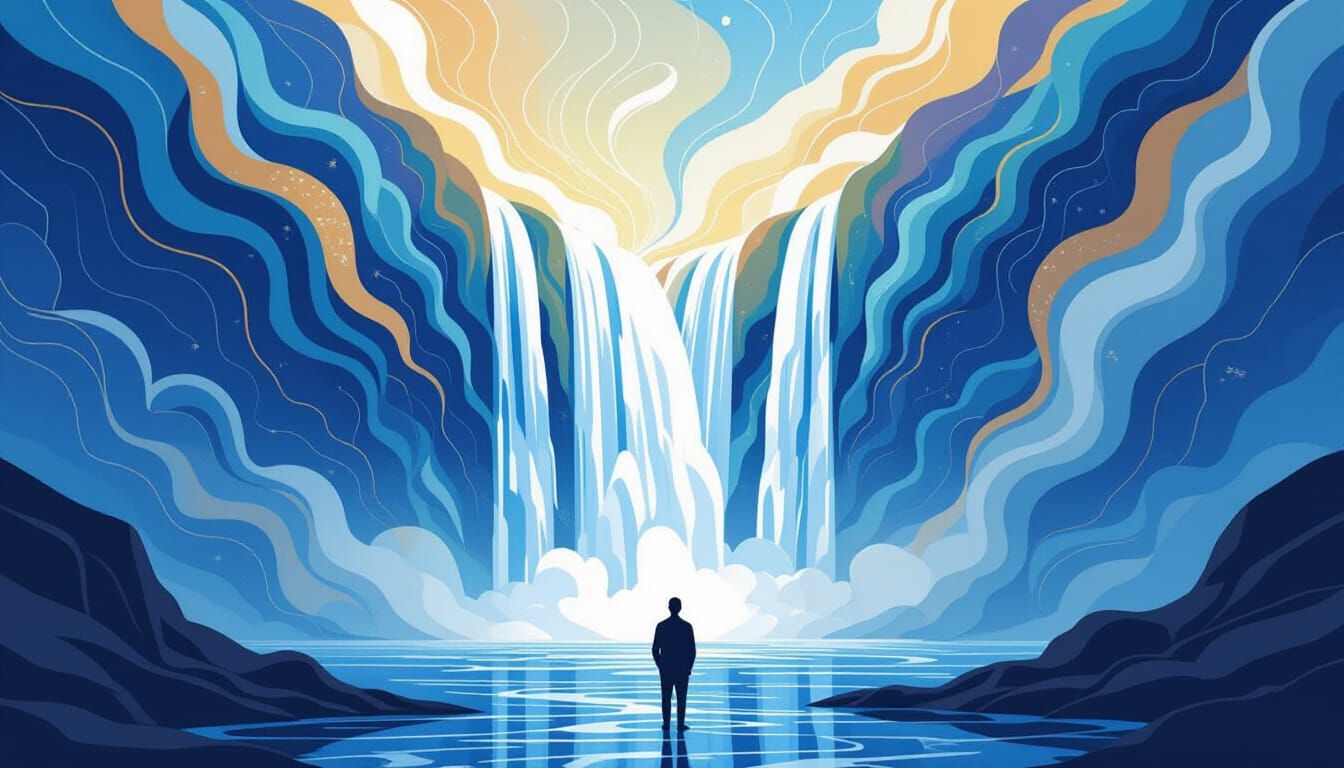 Human Silhouette Observing Divine Light Waterfall in Celesti...
