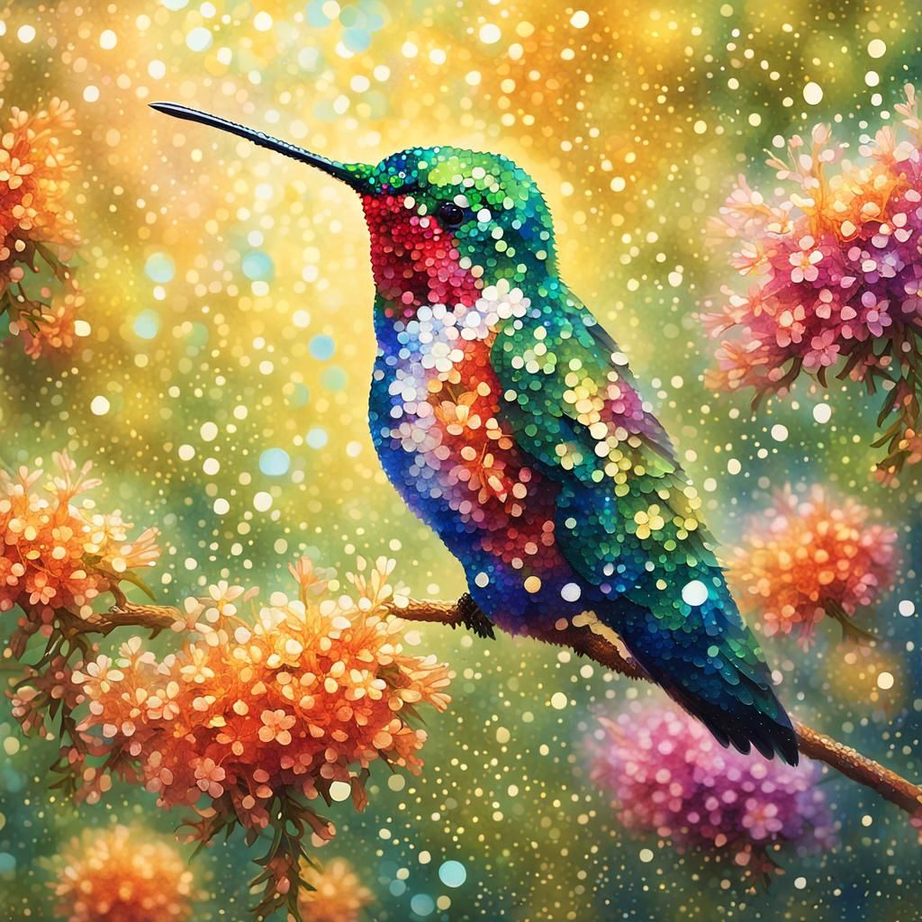 Hummingbird in Pointillism Style with Necklace