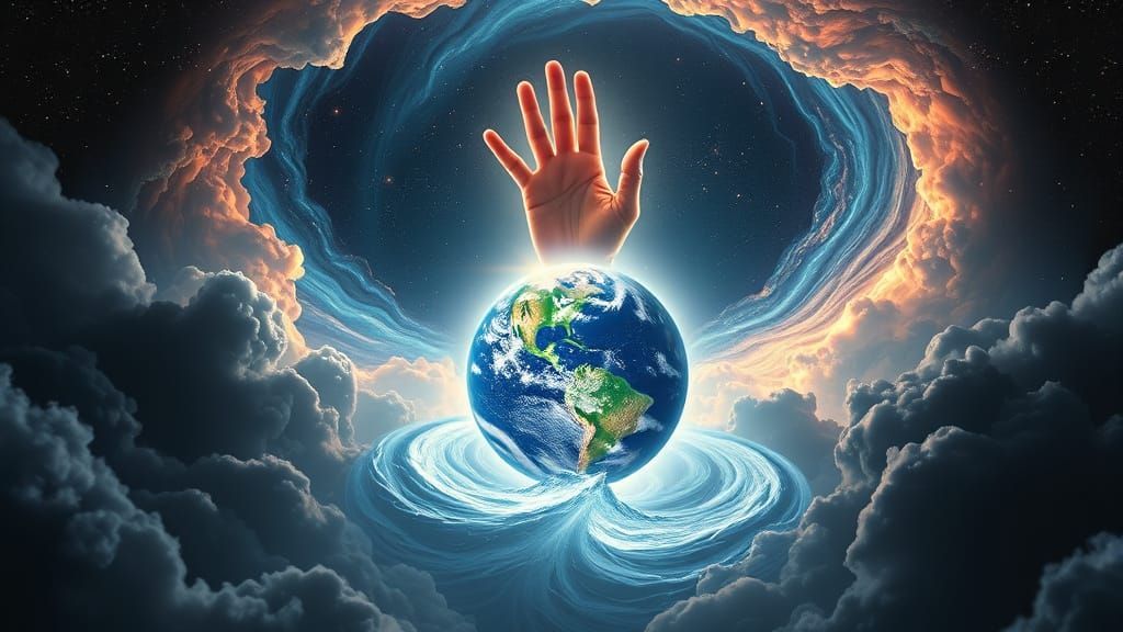Divine Hand Forms Earth in Cosmic Landscape