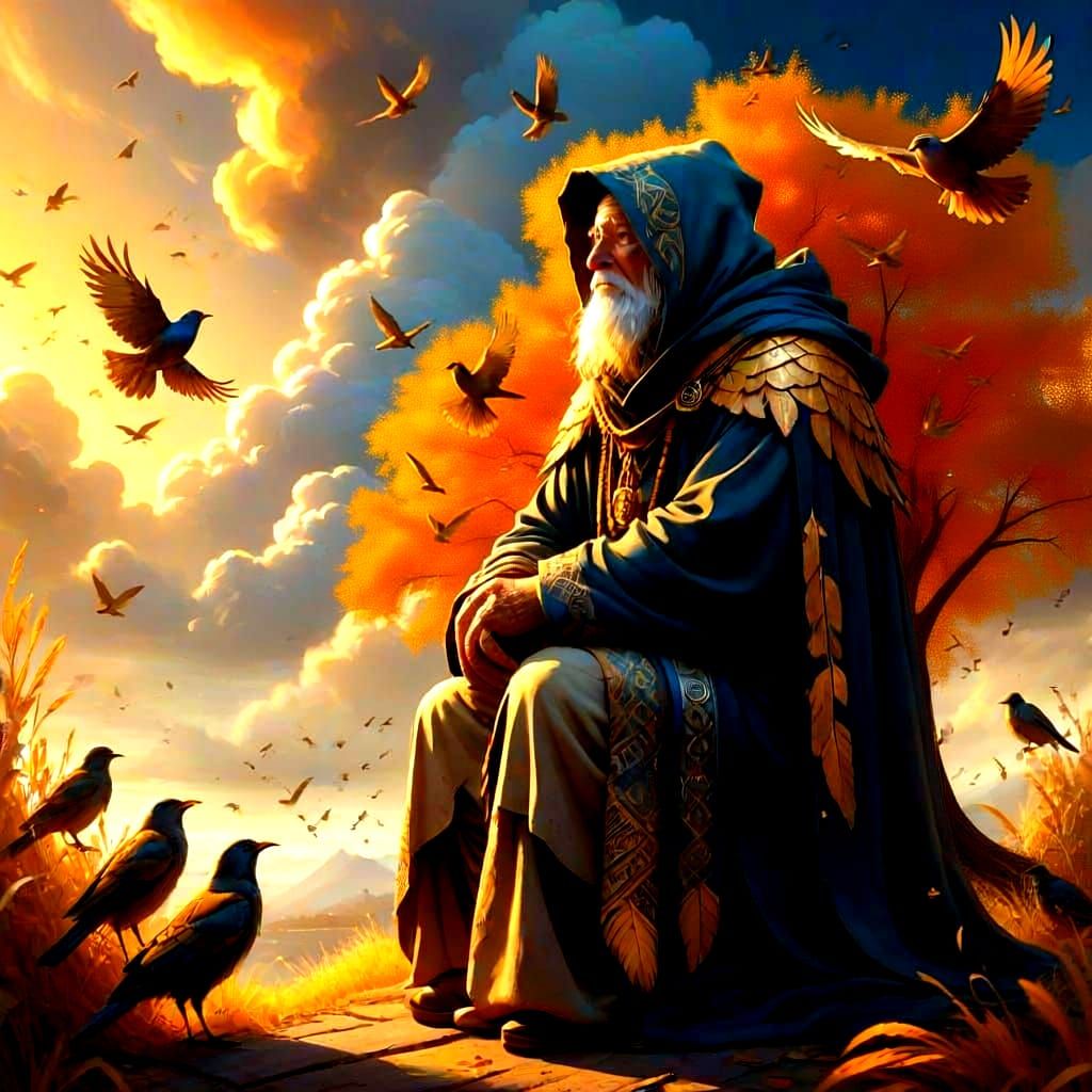 Old Man Gazing at Birds in a Beautiful Sky