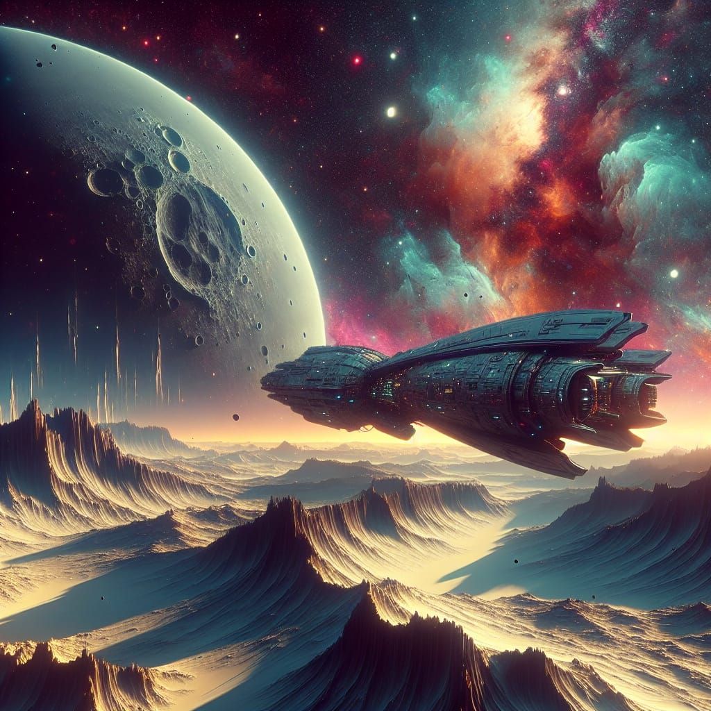 Beetle Spaceship Launches from Moon in Detailed Matte Painti...