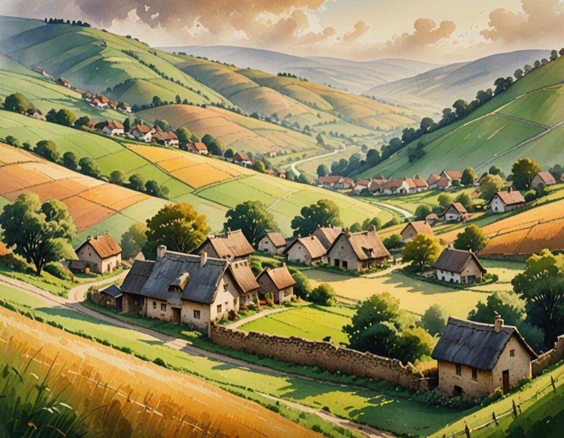 Peaceful Village in a Serene Watercolor Landscape