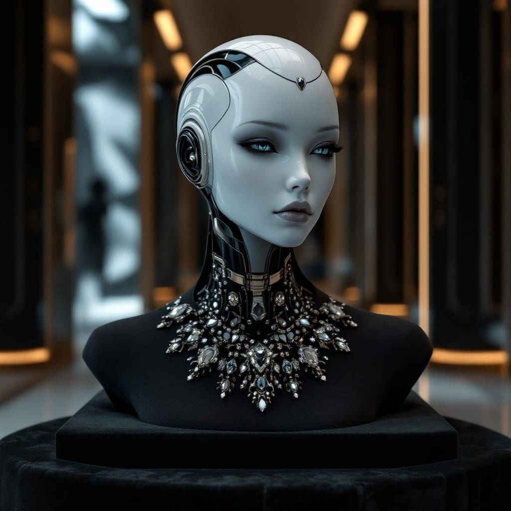 Luxurious Android Model in Sci-Fi Jewelry Showcase