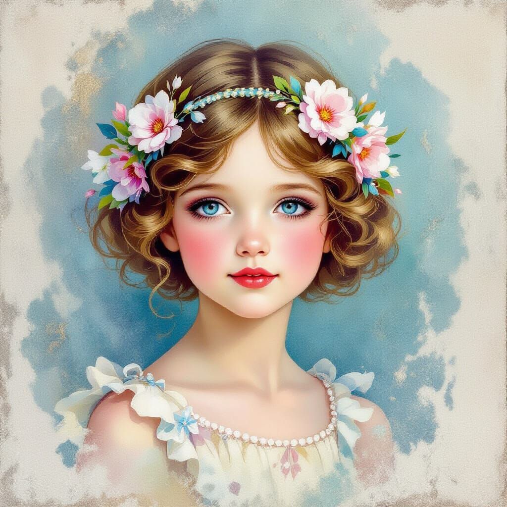 Ethereal Girl with Floral Headband in Watercolor Style