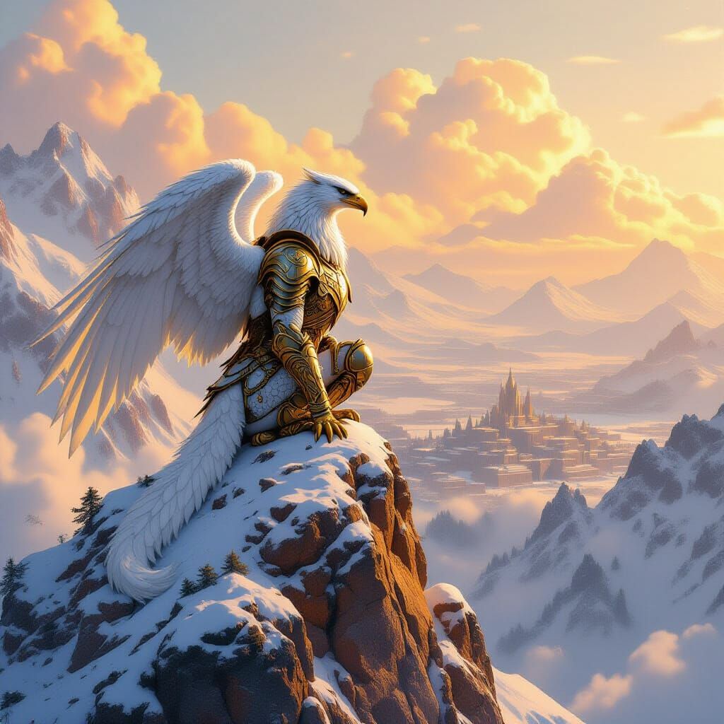 Majestic Griffin Perched Atop Snowy Mountain Peak