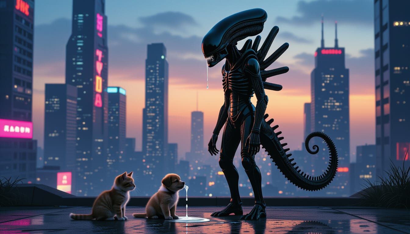 Xenomorph Queen in Futuristic Cityscape with Puppy