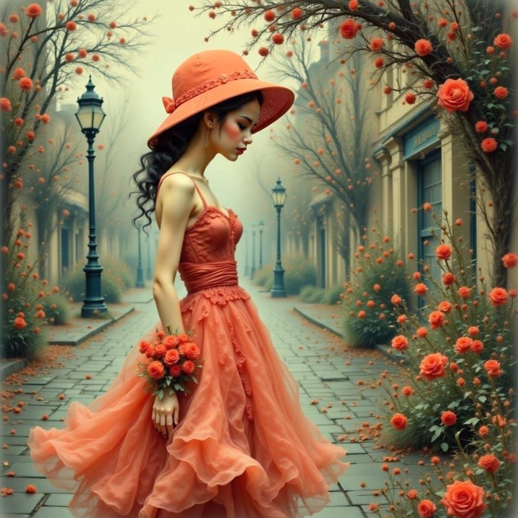 Anime. An adorable young Catrin Welz-Stein woman, fashionable, wearing a sumptuous coral dress,  standing on a deserted ...