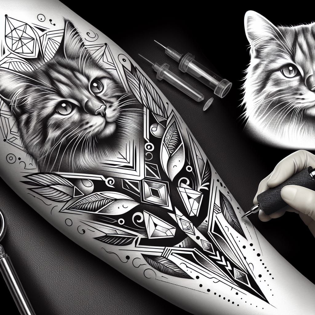 Monochrome Cat Tattoo Design with Geometric Elements