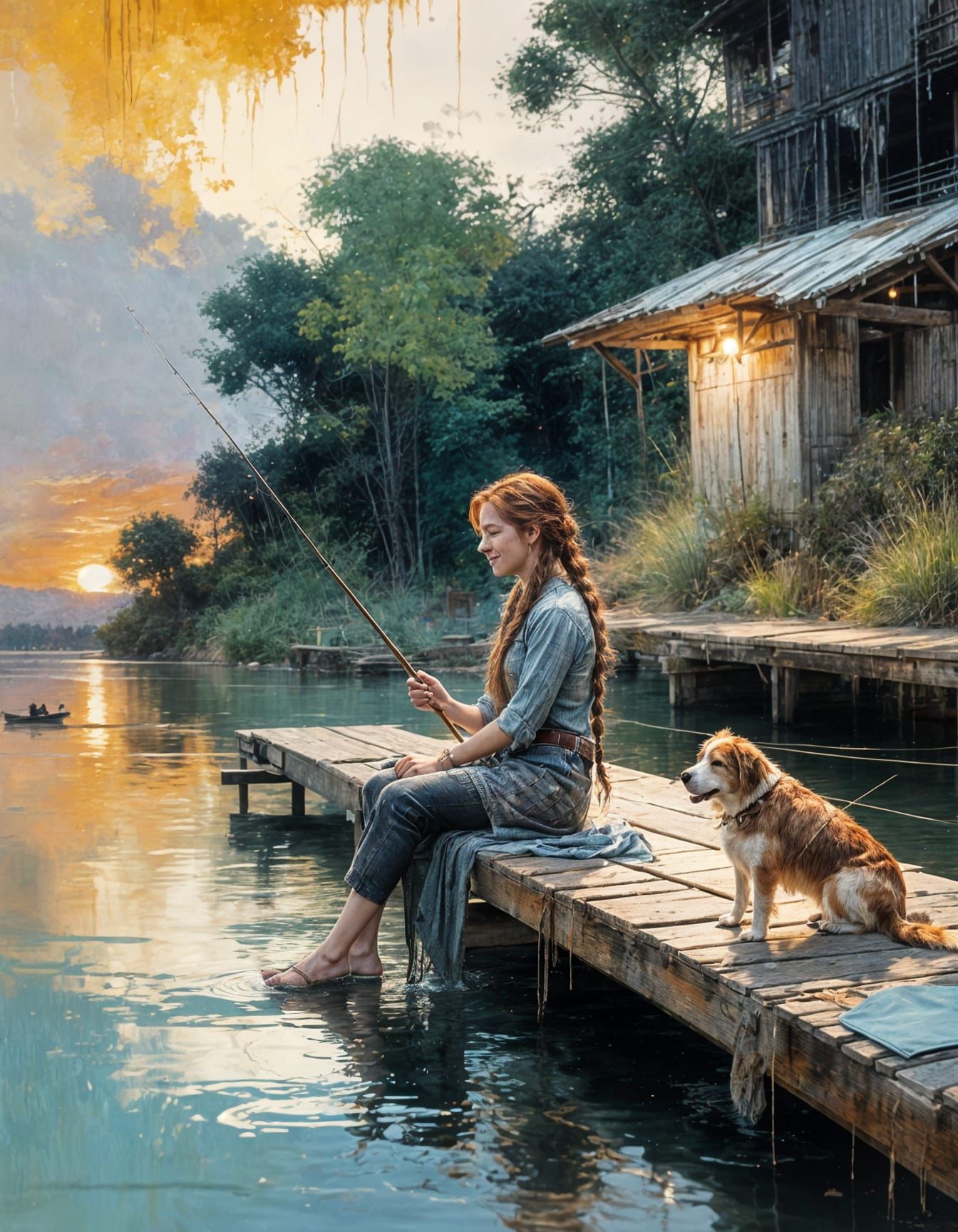 Woman Fishing at Sunset with Dog by Pino Daeni Style