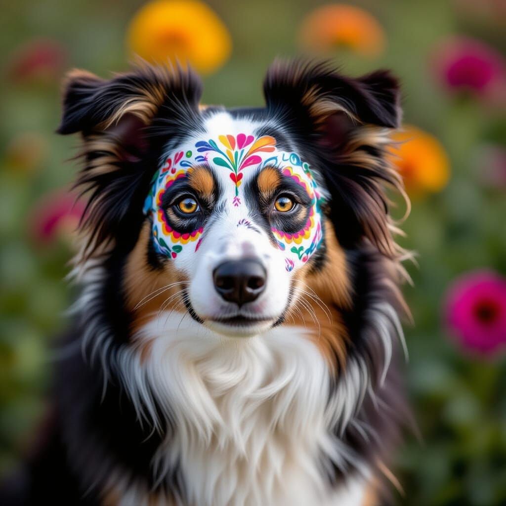 Border Collie in Día de los Muertos Face Paint
