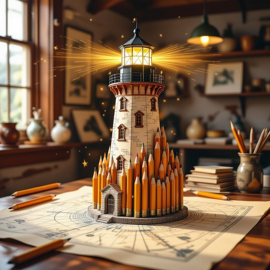 Pencil Lighthouse Emerges From Map Sketch in Workshop