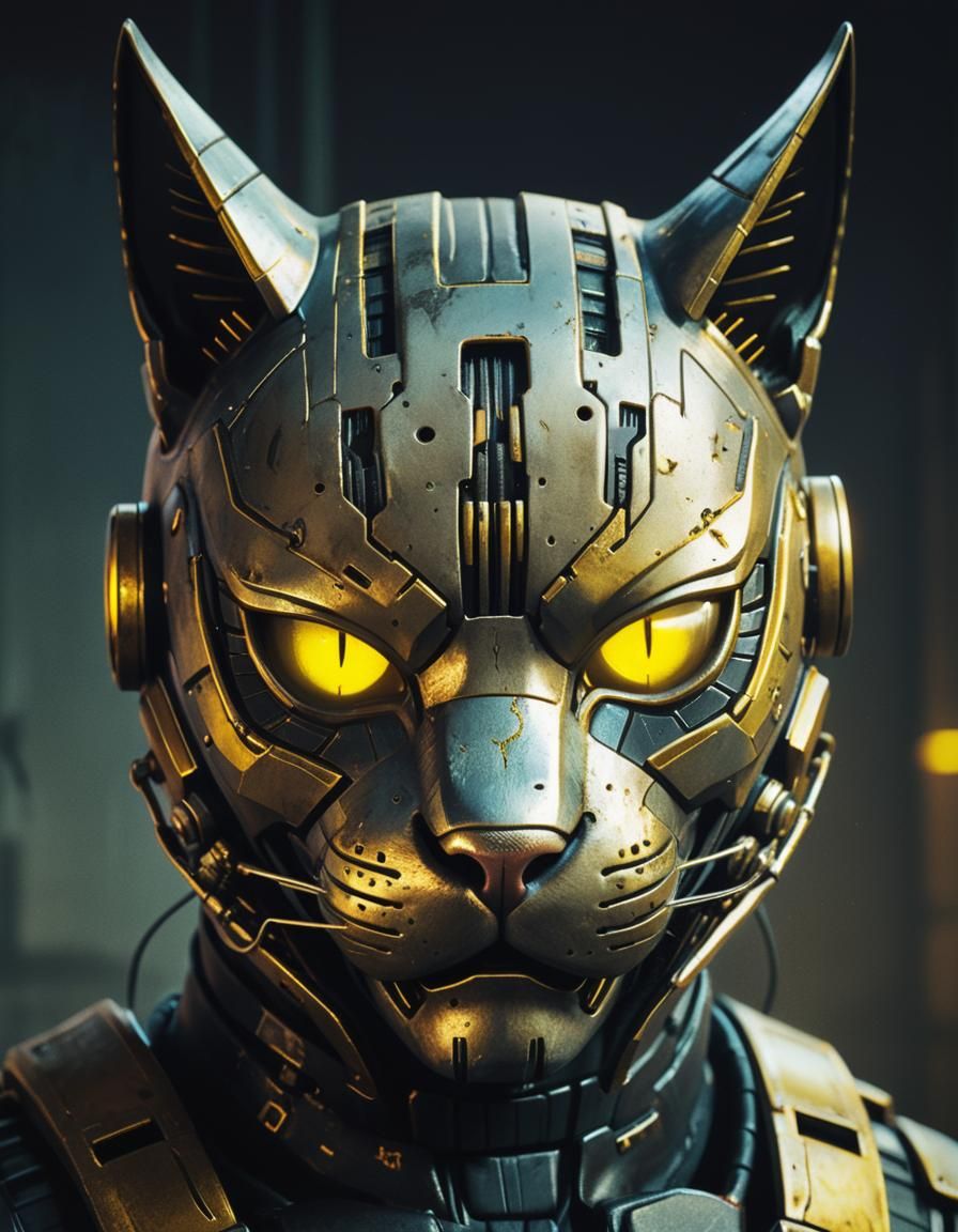 Cyberpunk Cat Mask Concept Art in Distressed Vintage Style