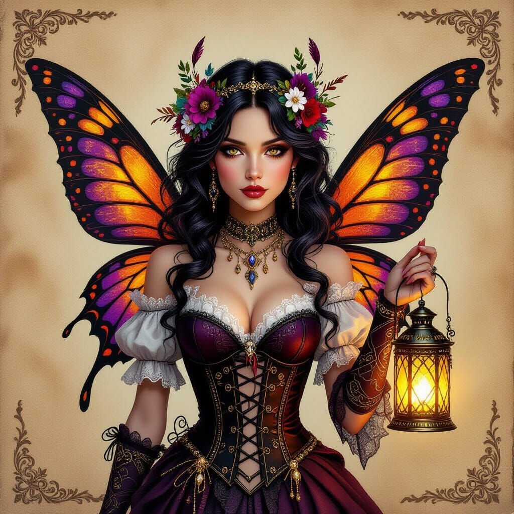 Gothic Fairy with Luminous Wings on Parchment