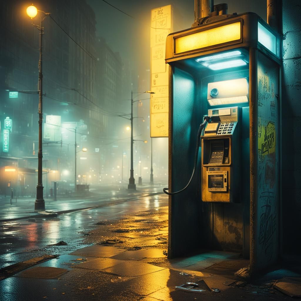 Payphone in Grungy Cyberpunk Cityscape
