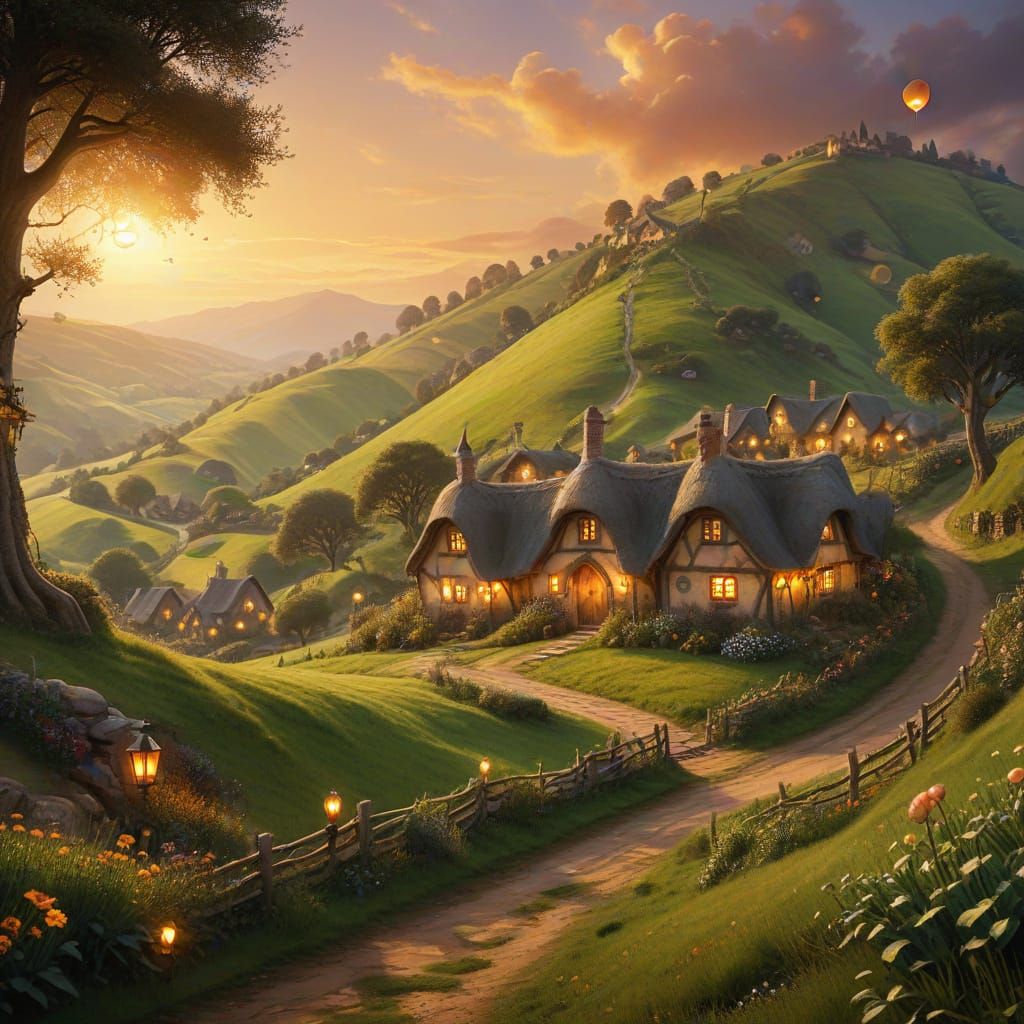 Hobbits in the Shire at Dusk Watercolor
