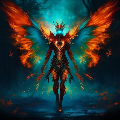 Fiery Butterfly with Turquoise Flames in Mystical Forest