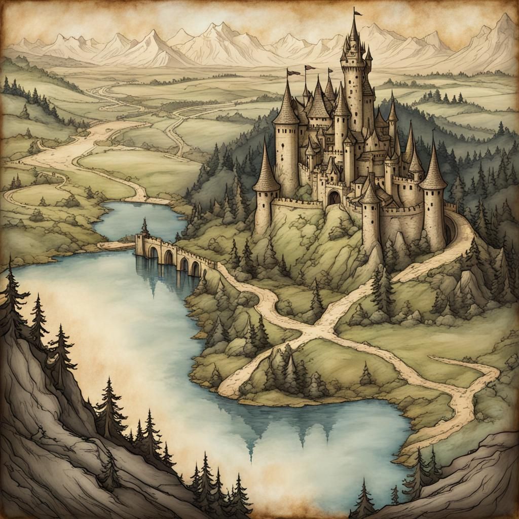 Fantasy Castle Map in Arthur Rackham Style