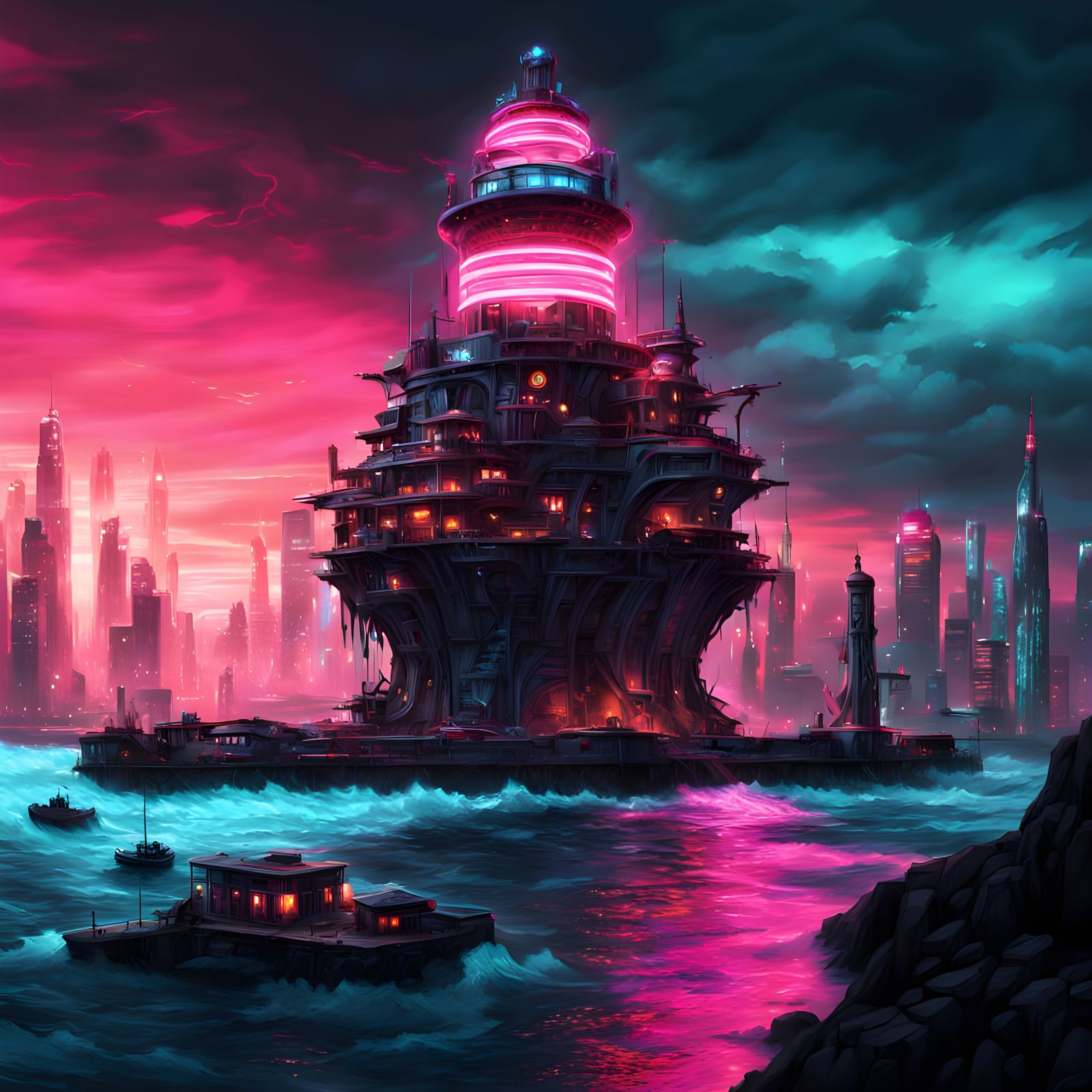 Neon Rococo Lighthouse in Cyberpunk Cityscape
