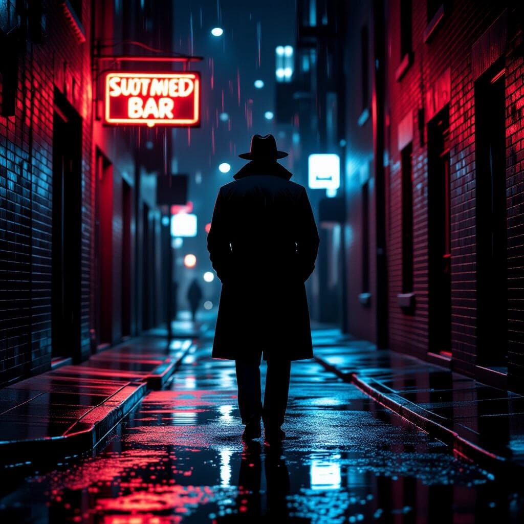 Film Noir Detective on Rain-Slicked Street Corner