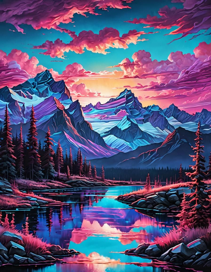 Sunrise over the Canadian Rockies in Vaporwave Style