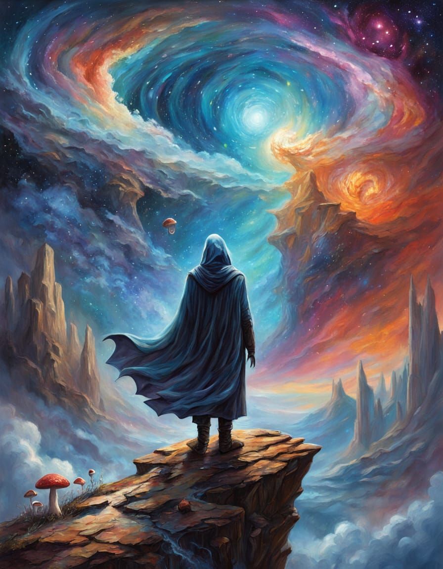 Cloaked Figure on Crystal Cliff Overlooking Cosmic Nebula