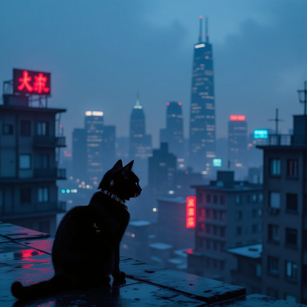 Cybernetic Cat on Rooftop Overlooking Neon City at Dusk