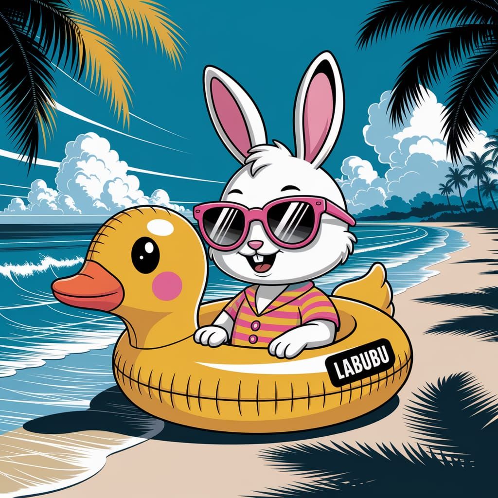 Cartoon Rabbit on Beach in Duck Ring