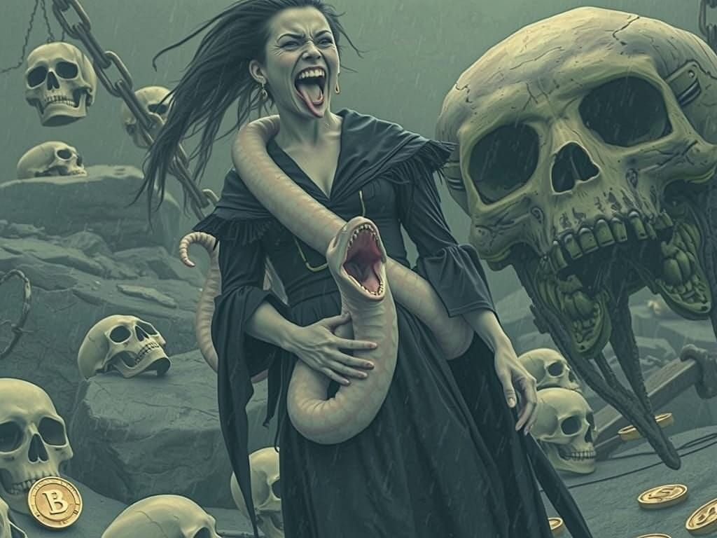 Sinister Woman with Pink Eel in Gloomy Terrain