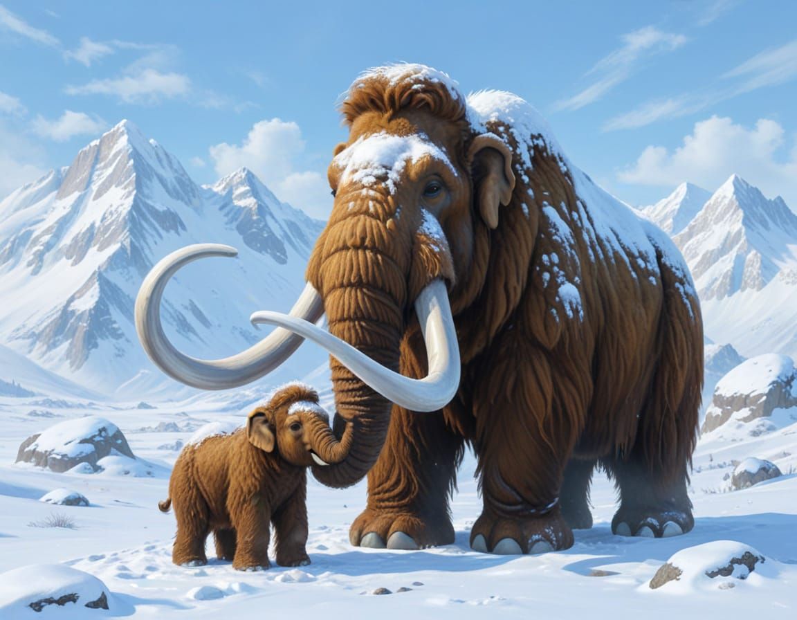 Woolly Mammoth and Baby in Snowy Mountains