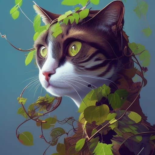 Vibrant Cat Portrait with Botanical Vines