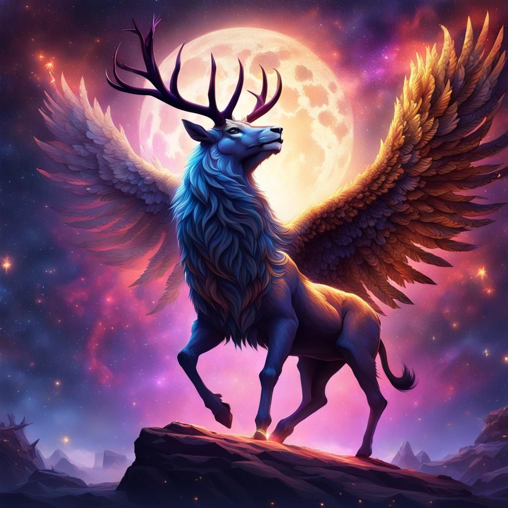 Cosmic Feathered Deer Soaring in Starry Sky